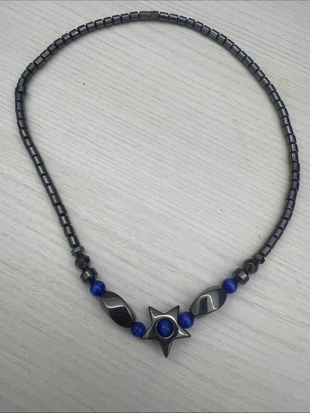 Hematite and Blue Bead Star Pendant Necklace